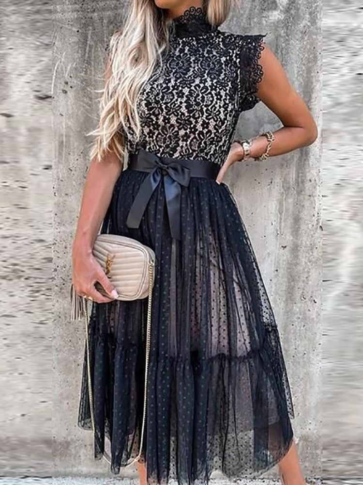 loveedsTM- Women Elegant V Neck Lace Patchwork Solid Party Dress Sexy Sleeveless Lady Summer Mesh Ruffle Dress Cute Princess Lace-Up Dress