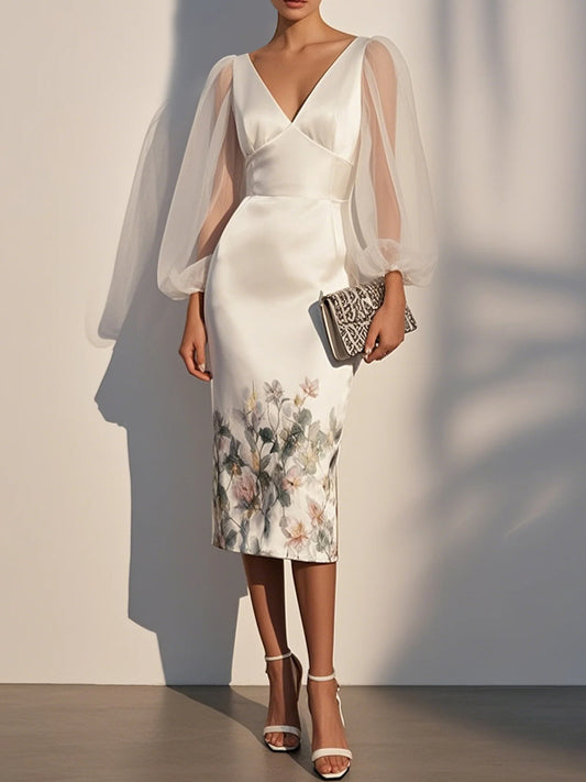 Mesh Floral V Neck Balloon Sleeve Sheath Midi Satin Dress