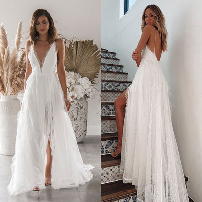 loveedsTM- Woman Wedding Maxi Slip Dress Summer Sexy Bridesmaid Banquet White Split V Neck Backless Lace Female Long Elegant Evening Dress