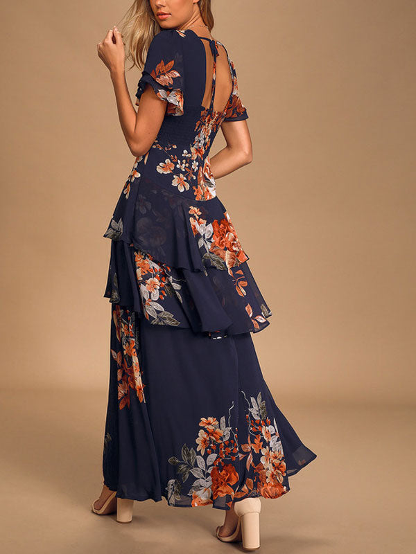 Navy Blue Floral Print Tiered Maxi Dress