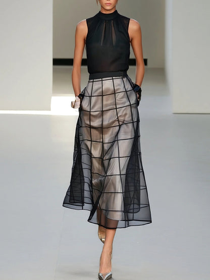 Black Mesh Classic Crew Neck Sleeveless A-Line Midi Dress