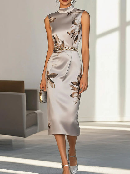 Stylish Grey Satin Dress with Floral Print and Waist Chain