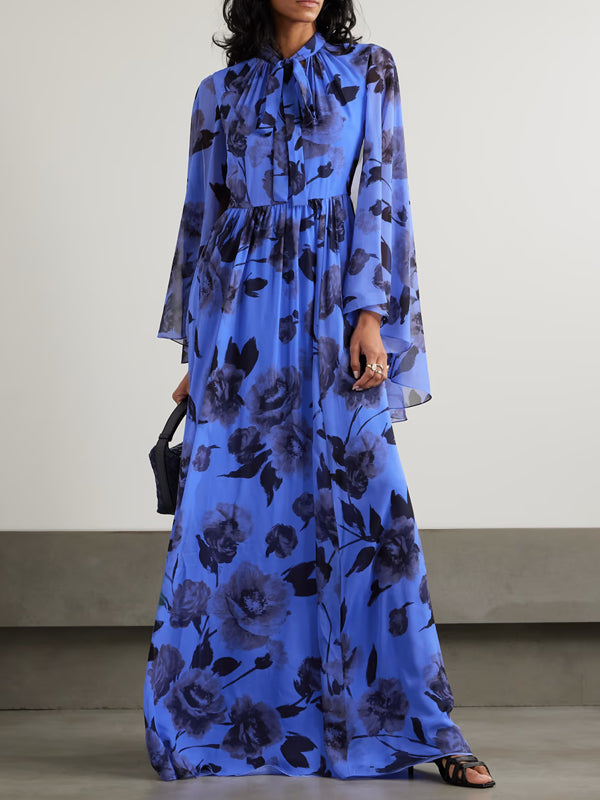Pussy-bow Gathered Floral-print Silk-voile Gown