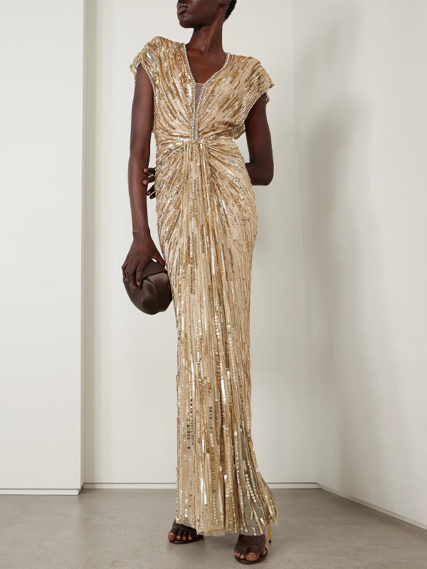 V-neck Sequin Solid Color Maxi Dress