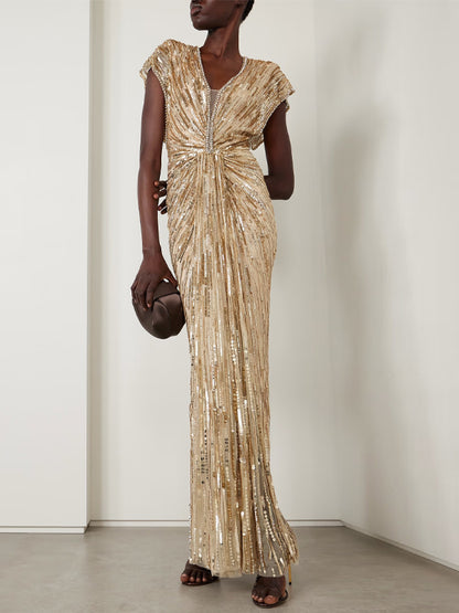 V-neck Sequin Solid Color Maxi Dress