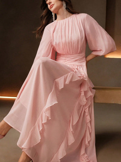 Elegant Women's Balloon Sleeve Waist Cinched Pink Loose Flare Dress