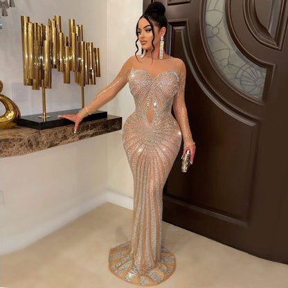 loveedsTM-Sexy Rhinestones Floor-length Evening Dresses Luxury Elegant Women's O-neck Long Sleeve See-through Mesh Night Club Long Dress
