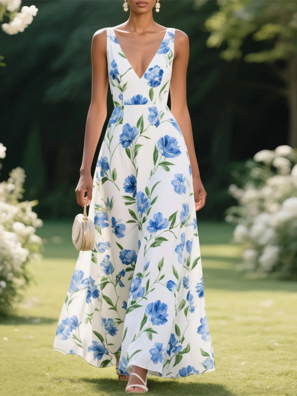 Blue Floral Chiffon V Neck Sleeveless A-Line Maxi Dress