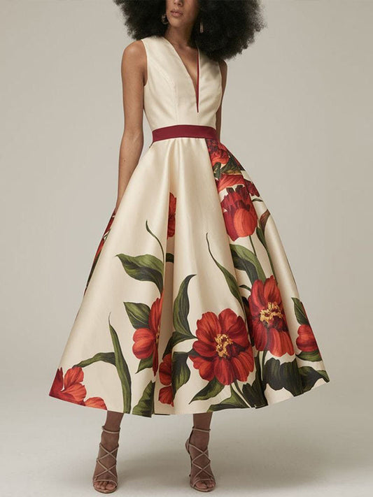 Beige V-neck Printed Sleeveless Midi Dress