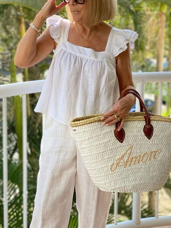 Ruffle Sleeves Simple Cotton Linen Vacation Ladies Sets