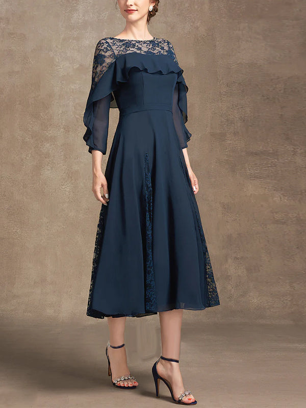 Round Neck Solid Color Lace Midi Dress