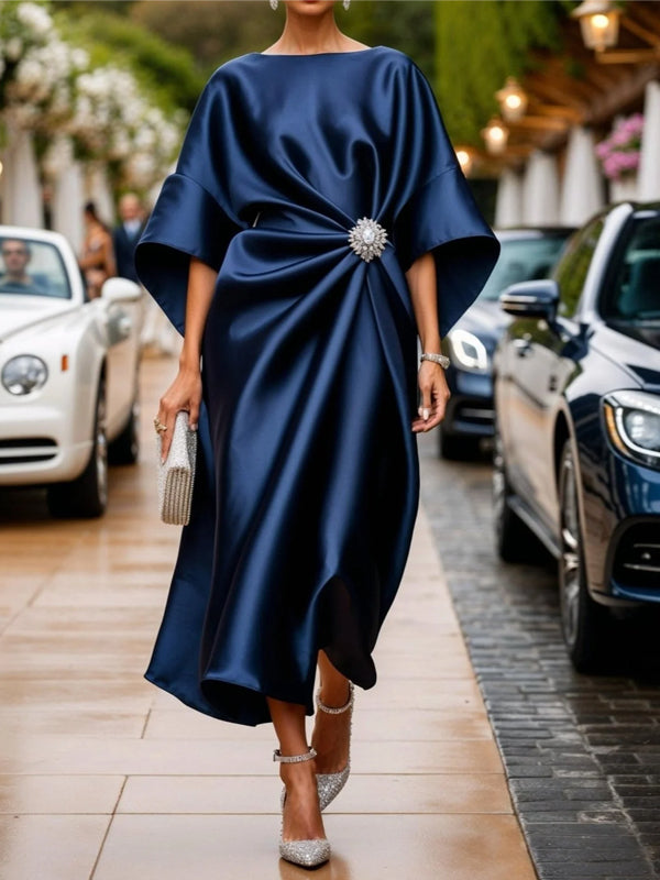 Solid Color Round Neck Silk Midi Dress