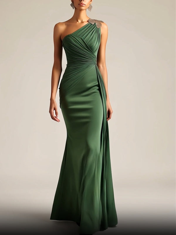One-Shoulder Ruched Floor-Length Dress