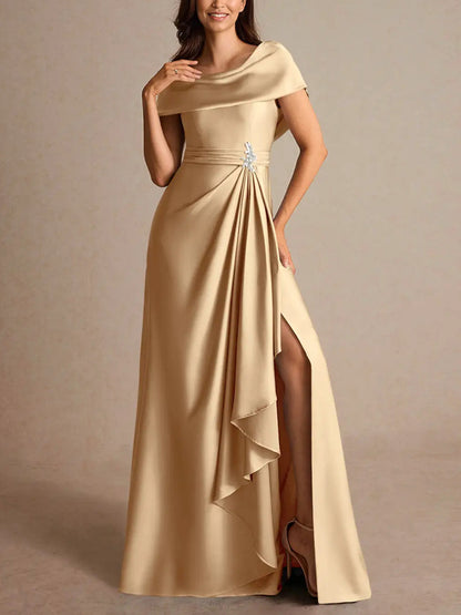 Champagne A-Line Pleated Stretch Satin Dress