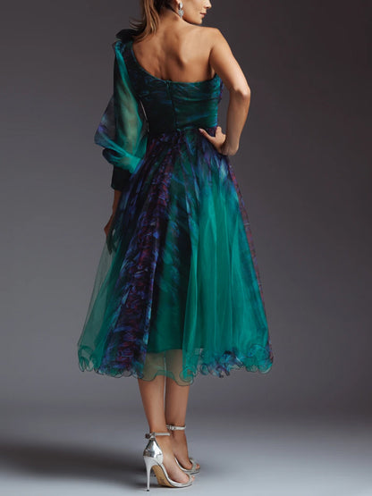 Off-shoulder Mesh Print Midi Dress