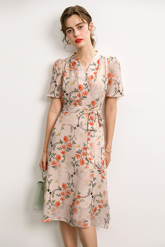 loveedsTM-French v-neck lace-up waist-cinching fairy print A-line dress