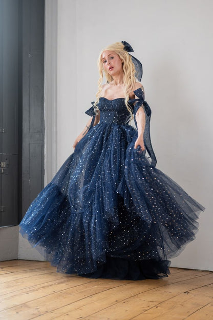 Star Sequin Navy Blue A Line Straps Layered Tulle Date Dress Prom Dress Evening Dress SH3888