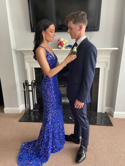 Blue V-Neck Mermaid Prom Dress