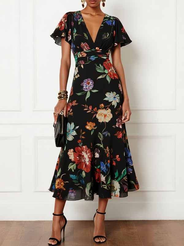 Floral Chiffon V Neck Short Sleeve Bell Sleeve A-Line Midi Dress