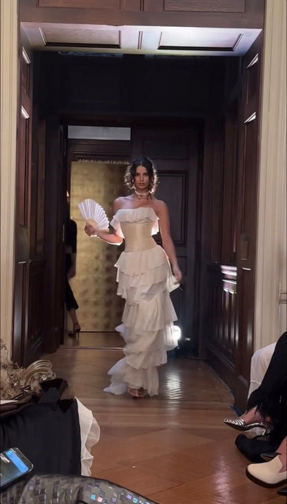 Unique Sheath Strapless Tiered Chiffon Satin Long Prom Dress Evening Dress SH2373