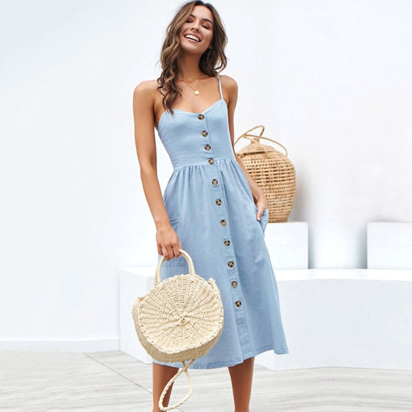 loveedsTM- Boho Sexy Floral Dress Summer Vintage Casual Sundress Female Beach Dress Midi Button Backless Polka Dot Striped Women Dress