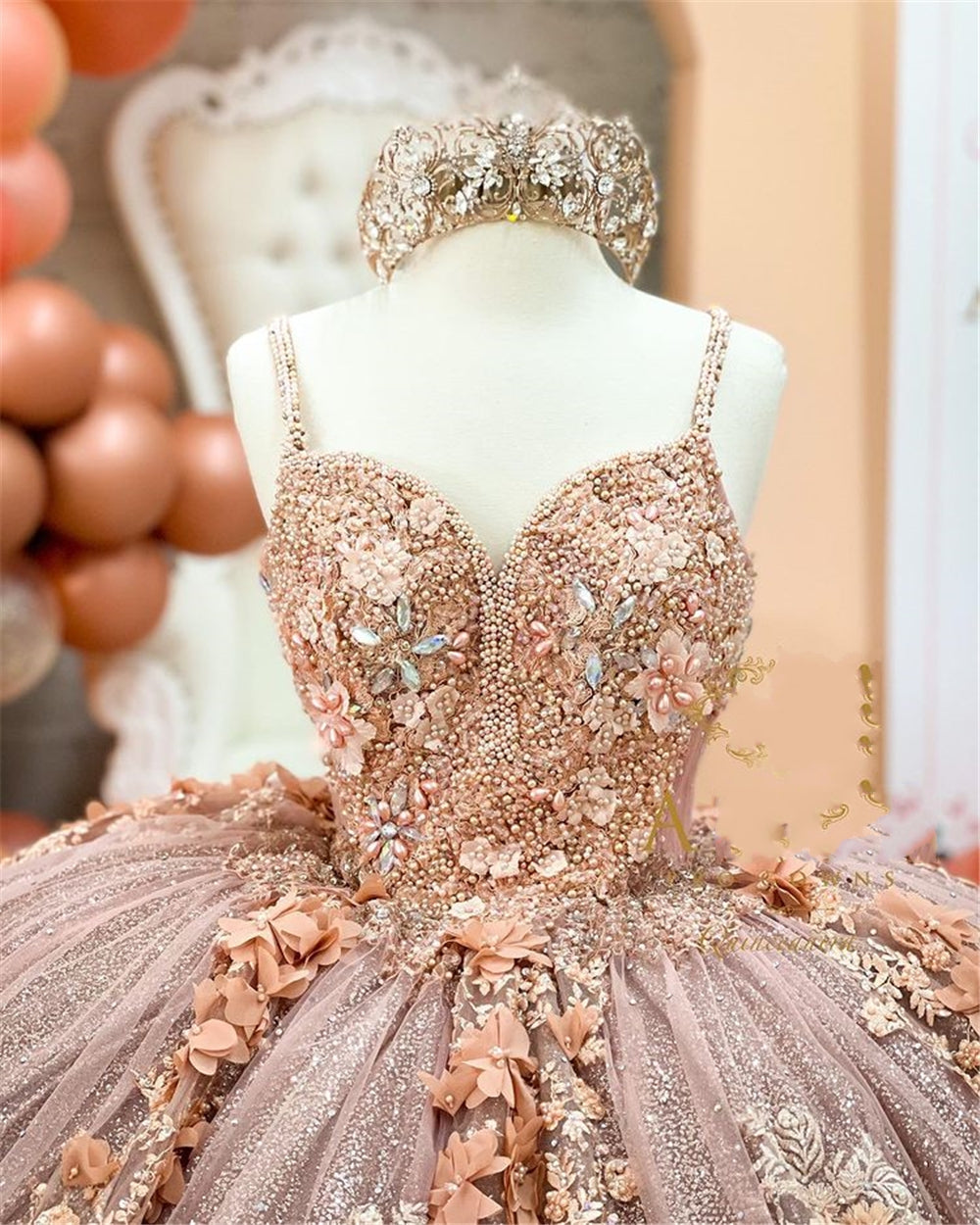 Coffee Beaded Quinceanera Dresses Sexy Spaghetti Neck Appliqued 3D Floral Sweet 16 Princess Ball Gown Pageant Gowns vestido SA1071