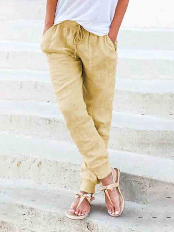 Cotton And Linen Comfortable Rib Elastic Waist Women's Trousers