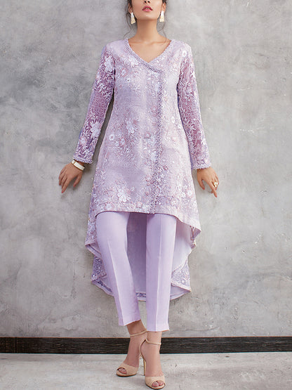 V-neck Lace Solid Color Trousers Suit