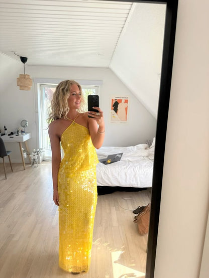 Yellow shiny fashion sequins two-piece suit long seaside holiday travel party dress gh4860
