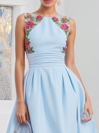 Light Blue Lace Ruched Classic Crew Neck Sleeveless A-Line Midi Dress