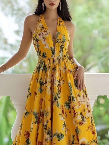 V-neck Elegant Holiday Print Women's Dress