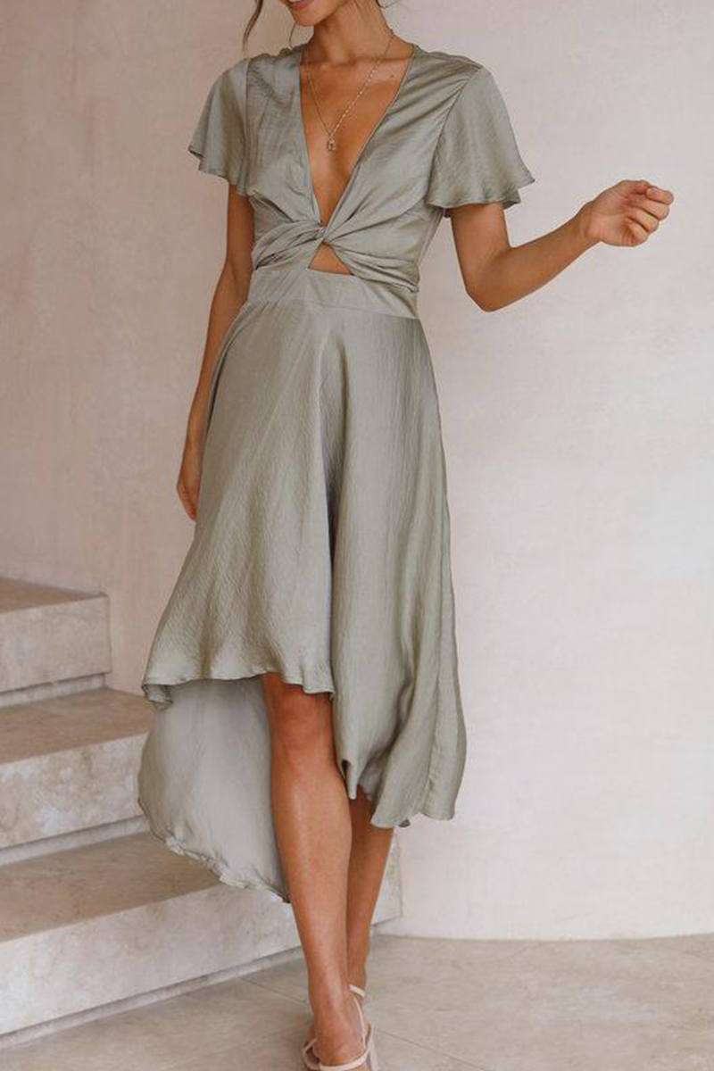 loveedsTM-Elegant Solid Knotted With Belt V Neck Irregular Maxi Dresses