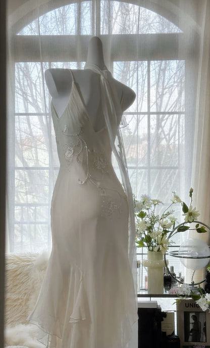 Elegant Mermaid Spaghetti Strap Beaded White Chiffon Prom Dress Graduation Prom Dress SH2560