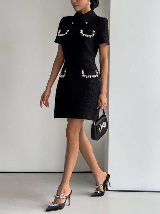 Lapel Tweed Pearl Decoration Women's Dress