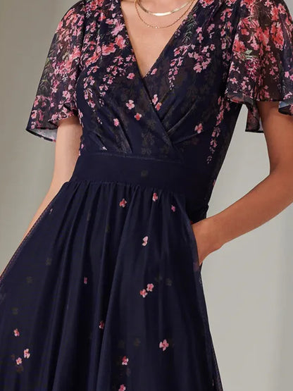V-neck Floral Chiffon Dress
