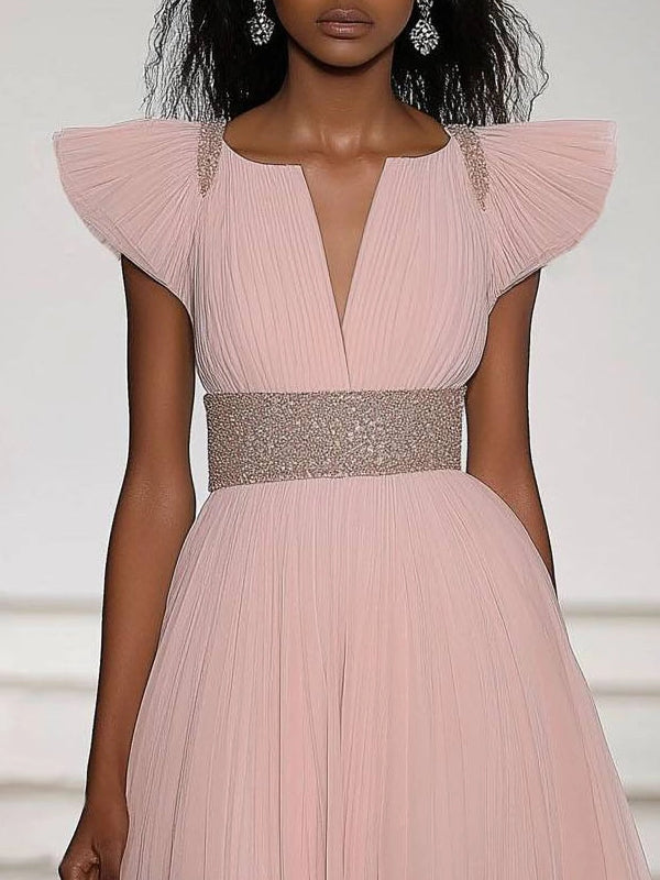 Party Dress Pink Chiffon V Neck Belted Maxi Dress