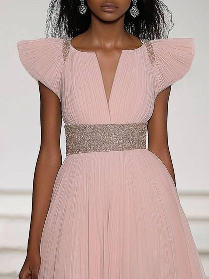 Party Dress Pink Chiffon V Neck Belted Maxi Dress