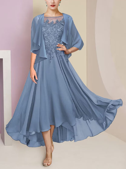 Two-Piece Round Neck Asymmetric Chiffon Lace Short Sleeve Dress