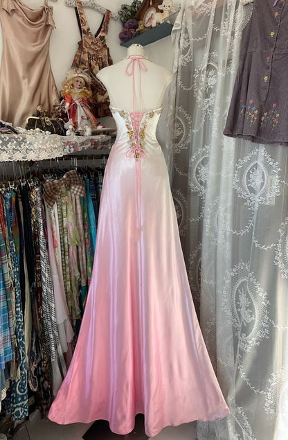 Unique A Line Halter Beaded Pink Ombre Satin Prom Dress Graduation Prom Dress SH2619