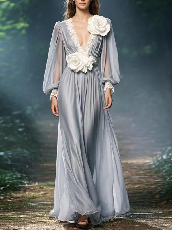 V-neck Floral Chiffon Large Flower Dress