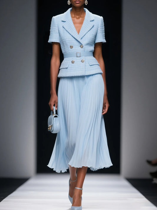 Tweed Pleated Buckle Lapel Collar Short Sleeve Dressy Top With Skirt Two-Piece Set
