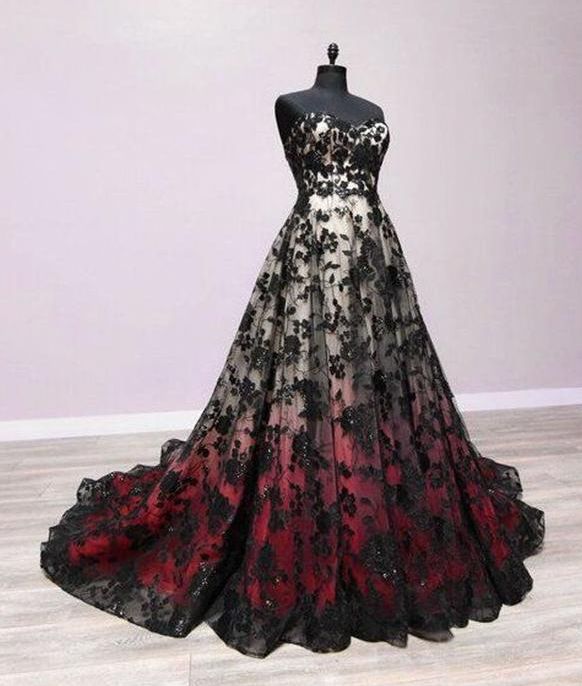 Black gorgeous exquisite red lace long tulle floor length trailing ball gown evening dress gh2216