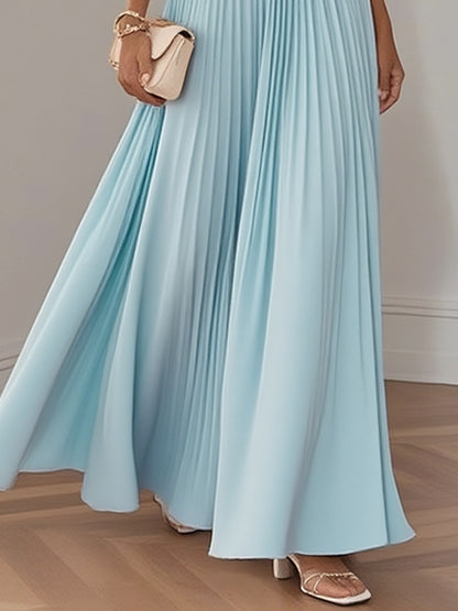 Light Blue Pleated Square Neck Sleeveless A-Line Maxi Dress