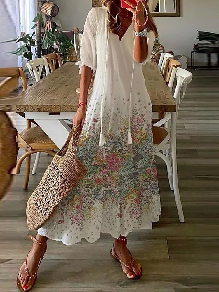 loveedsTM-Summer Fashion Floral Print Holiday Long Dress Casual Loose Drawstring Half Sleeve Dress Women V Neck Chic Ruffled Boho Dresses