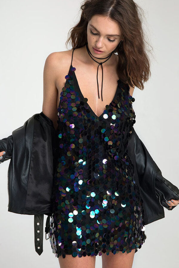 loveedsTM- Sexy Sequin V Neck Backless Mini Dress