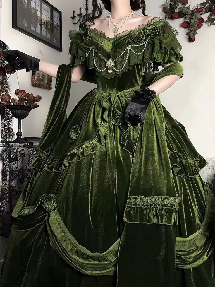 Green Exquisite Ball Gown Off the Shoulder Velvet Long Party Dress Prom Dress SH3594