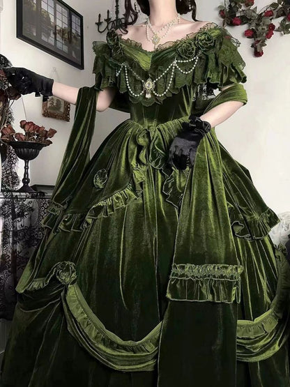 Green Exquisite Ball Gown Off the Shoulder Velvet Long Party Dress Prom Dress SH3594