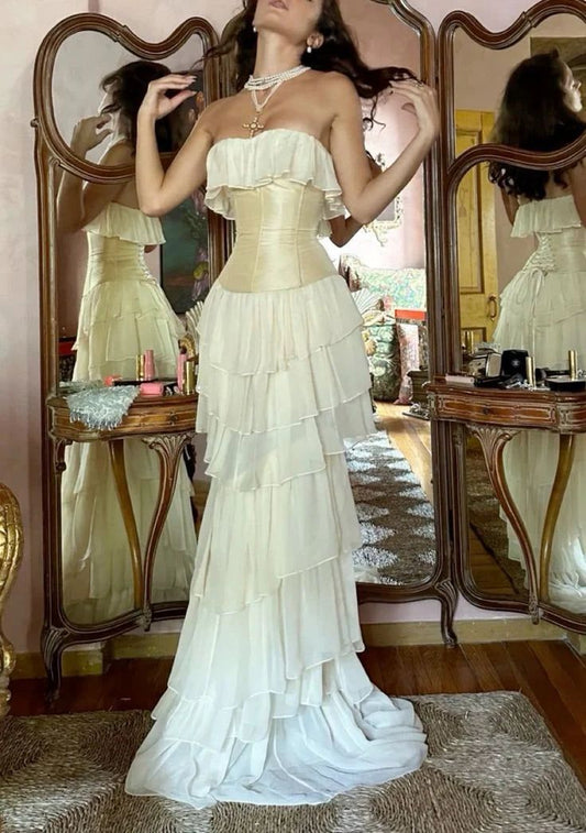 White Vintage Fashion A-line Off-shoulder Long Chiffon tulle Tiered Ruffle Ball Gown Evening Dress Party Dress Prom Dress gh3658