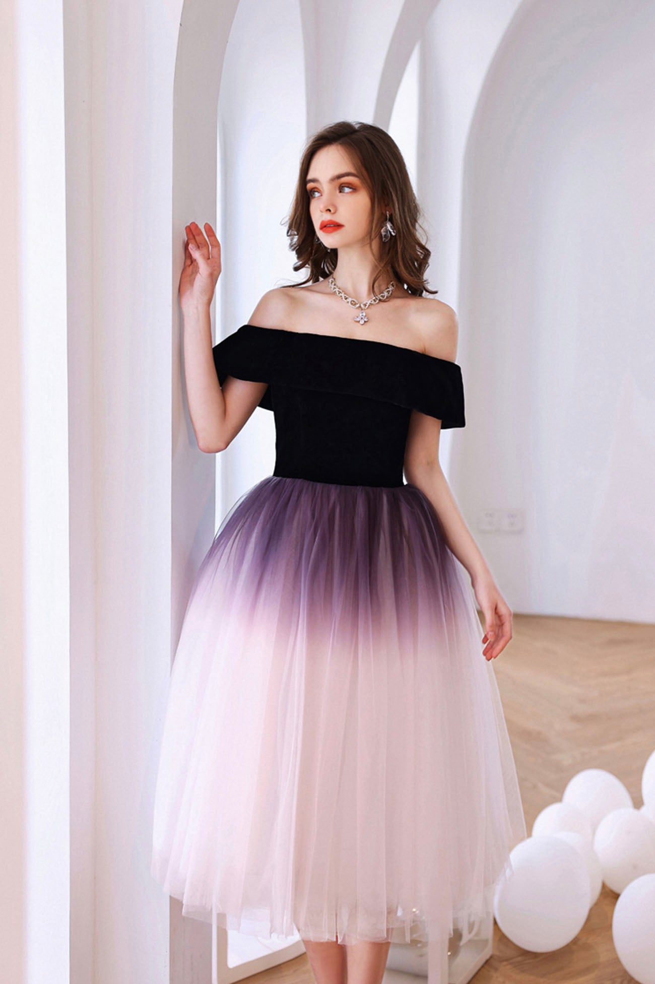Cute Gradient Tulle Short Prom Dress Pageant Dress, Off the Shoulder Evening Party Dress