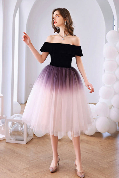 Cute Gradient Tulle Short Prom Dress Pageant Dress, Off the Shoulder Evening Party Dress